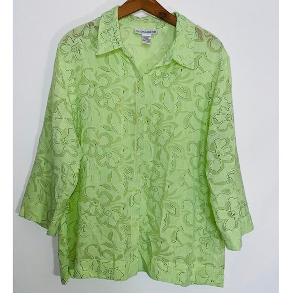 Sag Harbor Floral Top in Lime Green - Women's XL - Buttoned - Burnout Style‎ - Picture 1 of 7